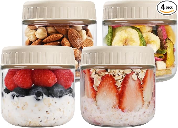 SHOWIN Overnight Oats Containers with Lids, 10oz Glass Jars with Lids 4 pcs, Apricot, Wide Mouth Mason jars for Salad, Yogurt, Snacks, Meal Prep