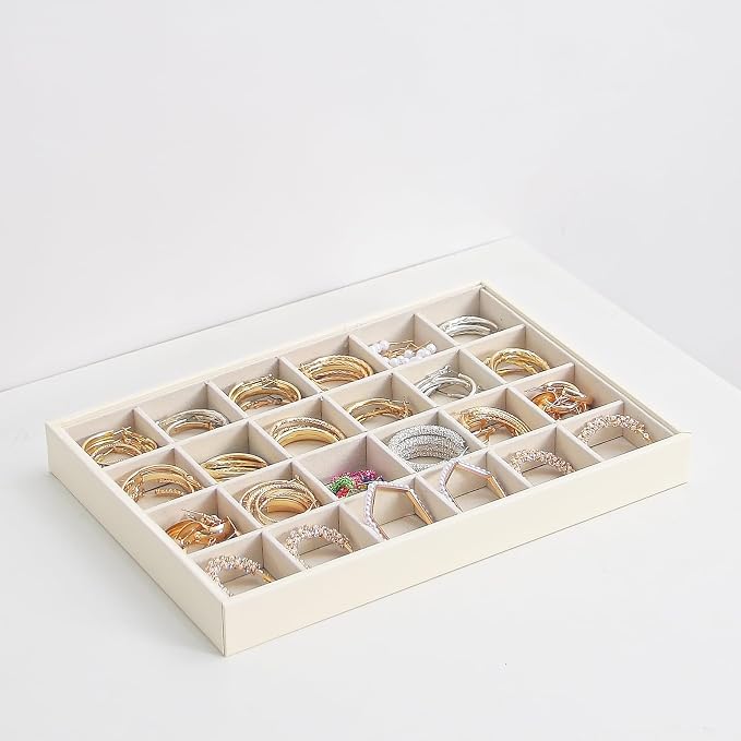 Stackable Jewelry Organizer Tray For Drawers,White Leather Small Earring Storage Tray,Bracelet And Necklace Display Box,Jewelry Ring Display Case (24 Grids)