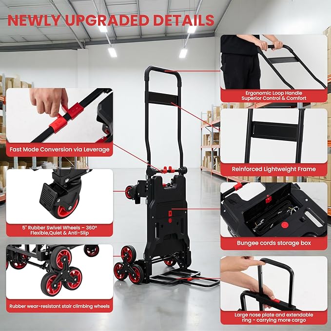 Upgraded 3 in 1 Convertible Folding Hand Truck with Brakes, Hand Truck Dolly Heavy Duty 660lbs Capacity, Stair Climbing Cart with Adjustable Shovel Board and Fixed Handle for Moving