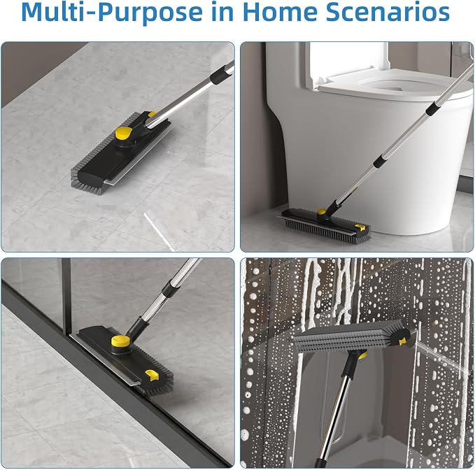 Scrub Brush with Long Handle, Floor Scrub Brush Squeegee Broom for Cleaning, 3 in 1 Shower Scrubber Floor Broom Squeegee for Concrete Tile Wall Deck Patio Special Black