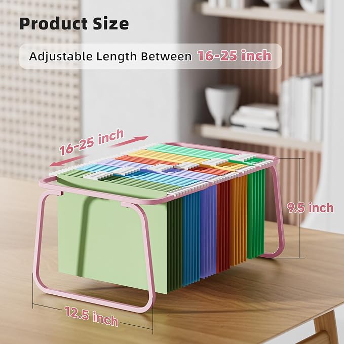 Marbrasse Hanging File Folder Frame, Adjustable Letter Size File Holder 16-25 Inches, Metal File Cabinet Rails for Office, Home, School, 2P(Pink)
