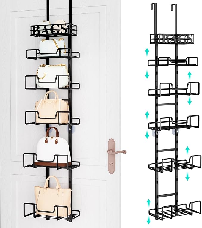 HapiRm Over Door Purse Organizer - Adjustable Purse Storage Rack with Bags Design Metal Basket, Wall Mounted Handbag Organizer, Hanging Handbag Holder, Can Use As 1/2 Part Detachable