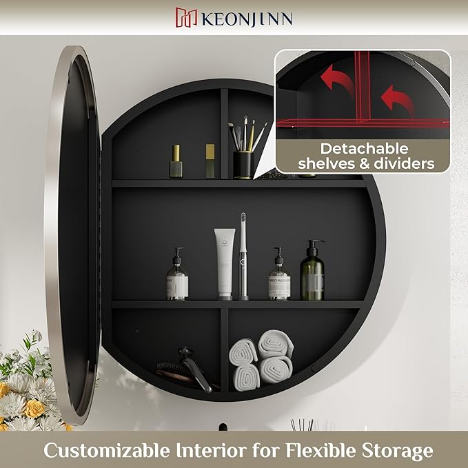 Keonjinn Round Brushed Nickel Medicine Cabinet Mirror for Bathroom, 26 Inch Surface Mount Medicine Cabinet with Mirror, Circular Framed Mirrored Medicine Cabinets, Modern Cabinet with Vanity Mirror