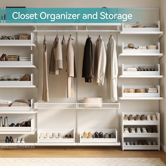 FOUCSSOMEI Closet Organizer and Storage, 4 Tier Stackable Storage Organizer, Wooden & Metal Closet Shelves, Modular Clothes Organizer, Storage Shelf, Bedroom & Closet Organization, Patent Design