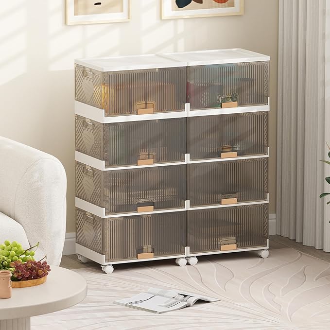 Giantex 4 Tier Stackable Storage Bins with Lids, 18 GalFoldable Shoe Storage Box with Detachable Wheels & Flip-Up Doors, Collapsible Closet Organizers and Storage Bins