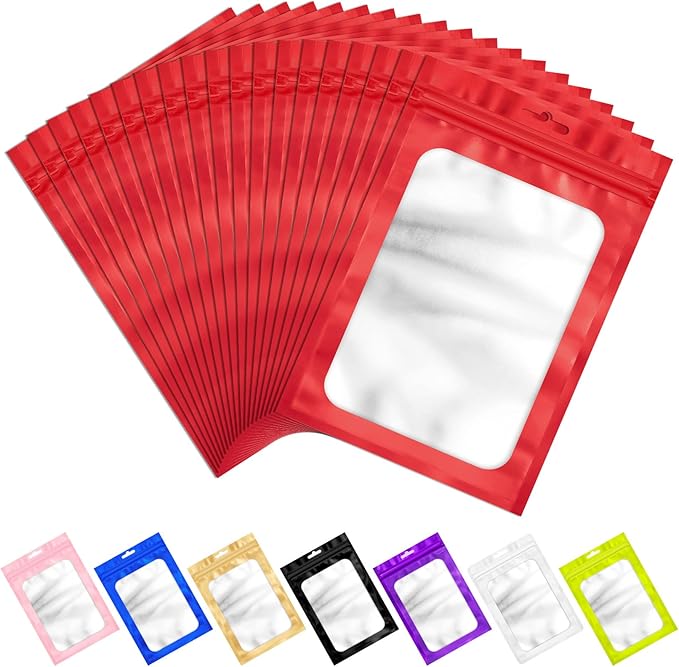 100 PCS Resealable Bags with Frosted Clear Window Bags Small Packaging Bag Foil Pouch Zipper Bag for Food Self Sealing Storage Supplies Treat (Red, 3.14x5.11)