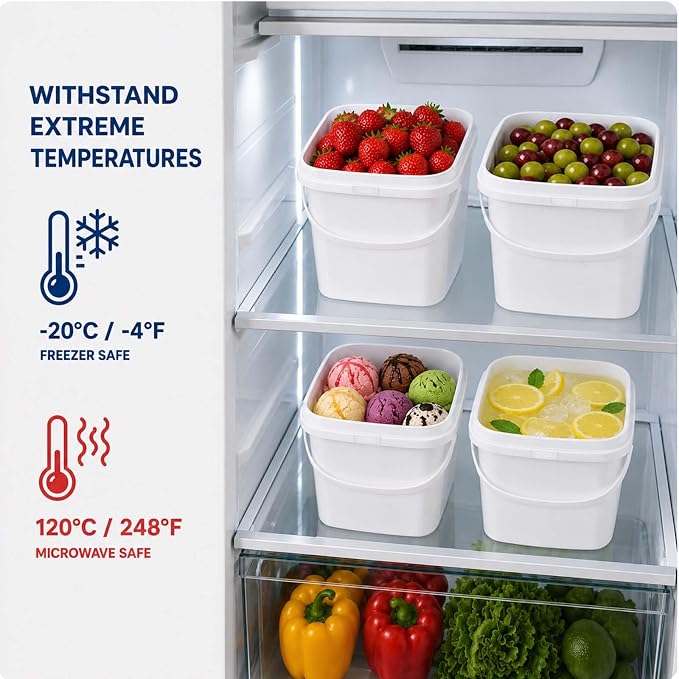 24 Pack Ice Cream Containers, Plastic Buckets with Lids 68 oz, White | 2 Qt Square Food Storage Containers, Handles, Freezer Safe, Leakproof, Reusable