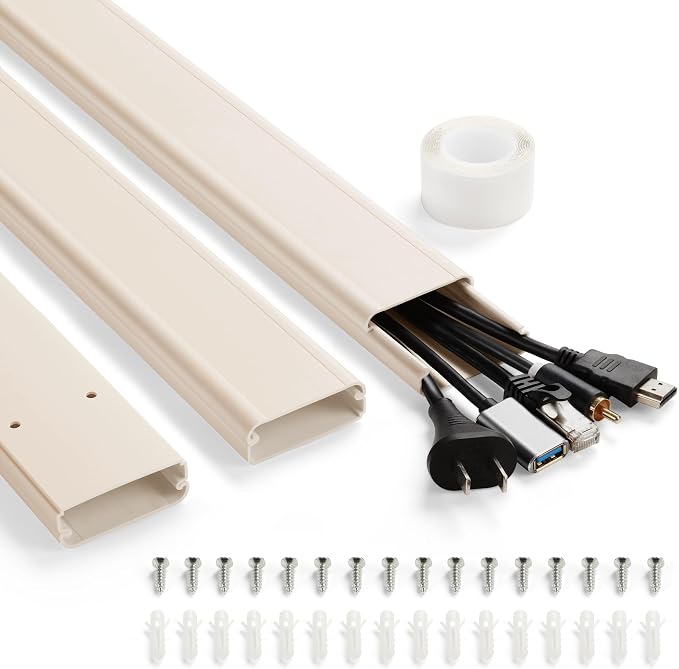47in TV Cord Hider, Adhesive & Screw Mount Large Cable Hider Kit | Cord Covers for Wall Mount TV, Paintable Cable Management Cord Organizer, Wire Hiders for TV on Wall L15.7inW2inH0.7in, Beige