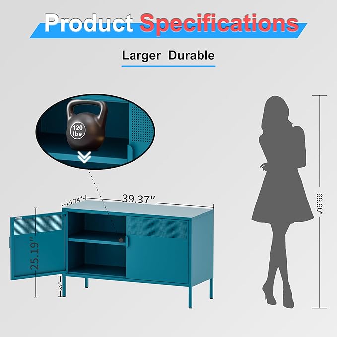 Washsemba 2 Door Storage Sideboard, Metal Storage Cabinet with 2 Adjustable Shelf,Multipurpose Metal Accent Cabinet for Office Home,Music Studio (Peacock Blue, 25''H)