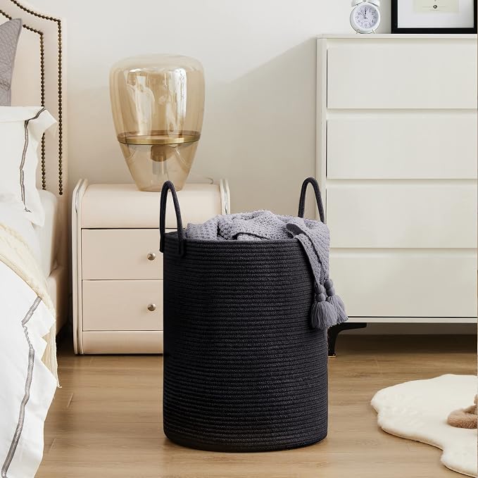 YOUDENOVA Woven Rope Laundry Hamper Basket, 58L Tall Laundry Basket, Baby Nursery Hamper for Blanket Storage in Bedroom-Large- Black