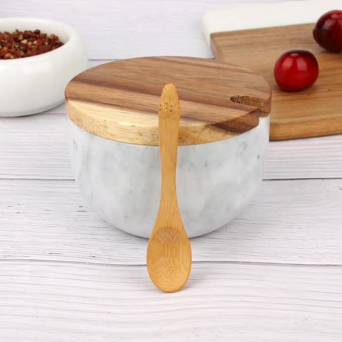 Salt Cellar Box with Lid & Spoon, Modern White Stone Salt or Pepper Sugar Spice Seasoning Bowl Container Jar Holder Well Keeper Dish Pig Crock for Kitchen (White Grey Marble Bowl)