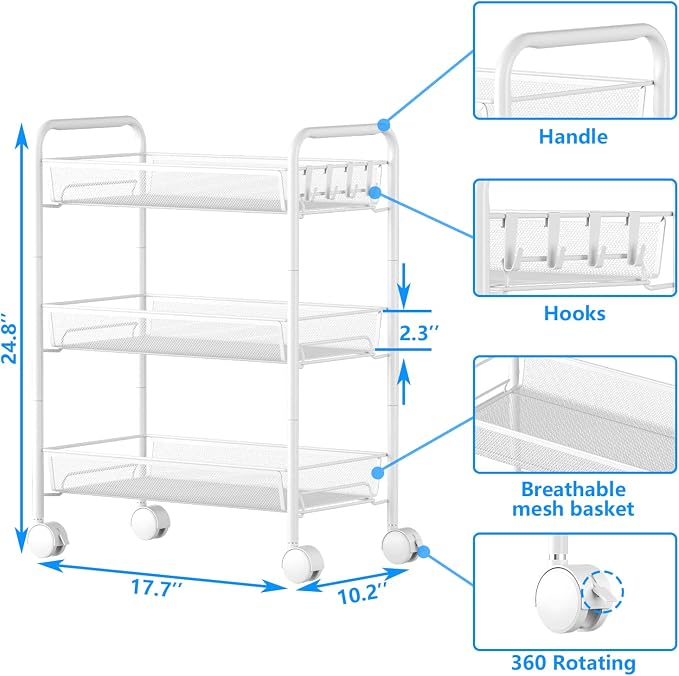 3-Tier Mesh Rolling Cart - 24.8" H Fits Under Desk Metal Cart with Wheel | Hold 35bls/Tier Small Space Storage Organizer Crafts Utility Cart for Office Pantry Bathroom Kitchen Laundry White