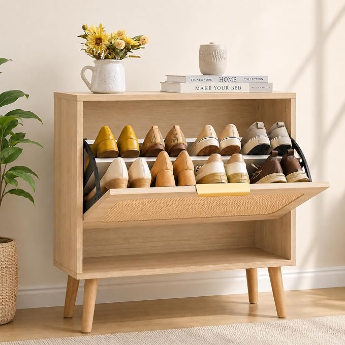 Shoe Storage Cabinet for Entryway, Slim Freestanding Rattan Shoe Cabinet with 3 Flip Drawers, Hidden Shoe Organizer Cabinet, Narrow Shoe Rack , Farmhouse Design (Singel Flip Drawer - Breathe Rattan)