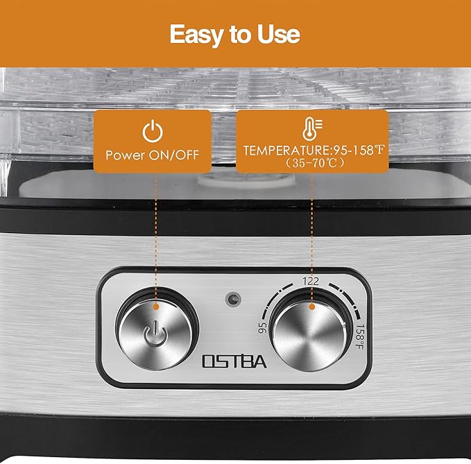 OSTBA Food Dehydrator, Dehydrator for Food and Jerky, Fruits, Herbs, Veggies, Temperature Control Electric Food Dryer Machine, 5 BPA-Free Trays Dishwasher Safe, 240W, Recipe Book Included