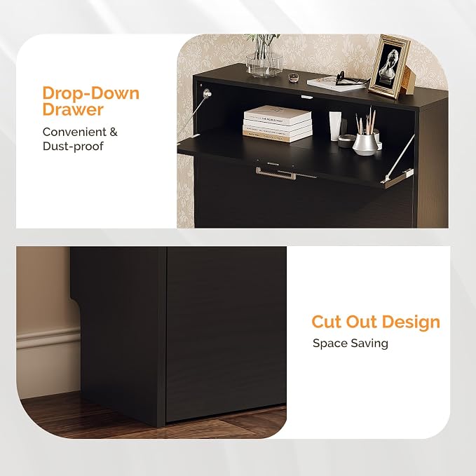 VINGLI Set of 2 Black Shoe Cabinet for Entryway, 2-Pack 31.5" W Extra Wide Slim Shoe Organizer with 2 Flip & 1 Drop-Down Drawers, Modern All-Black Shoes Rack, Narrow Freestanding Cabinet for Hallway