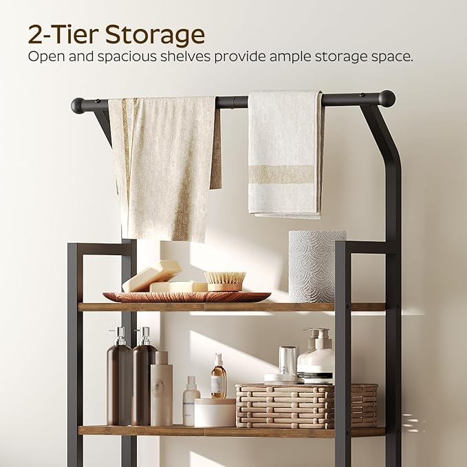 YATINEY 2-Tier Over The Toilet Storage, Multifunctional Vertical Over Toilet Bathroom Organizer, Freestanding Bathroom Storage Shelves with Hooks, Bathroom Organizer, Rustic Brown and Black TR01BR