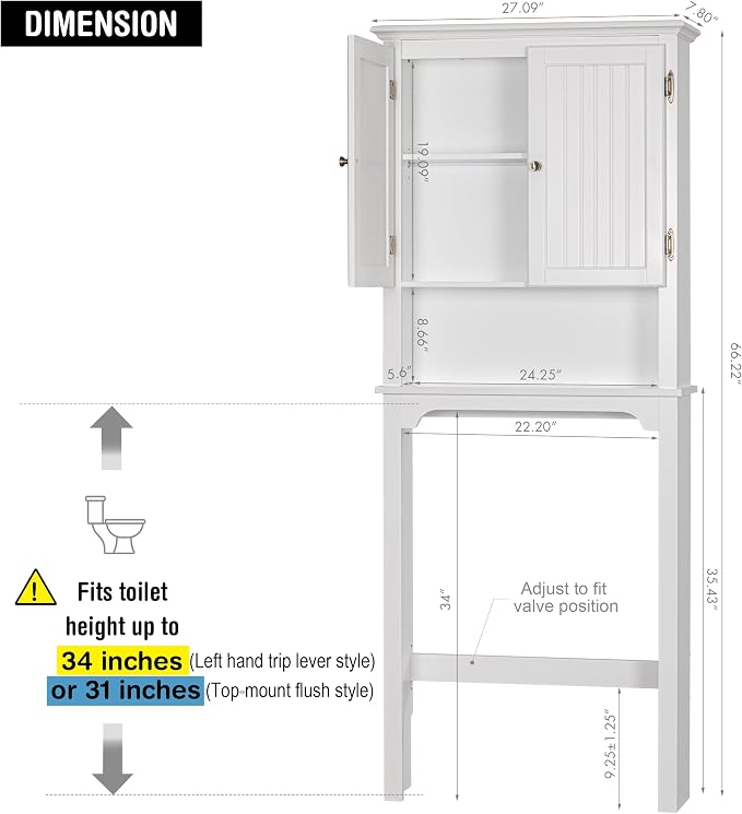 UTEX Over The Toilet Storage Cabinet, White Bathroom Organizer with Doors | FSC-Certified MDF, Adjustable Shelves, Anti-Tip Bracket, 34'' Toilet Clearance, Hidden & Open Storage for Toiletries, Towels