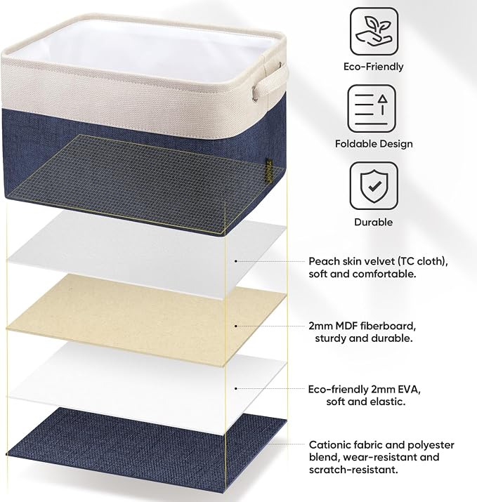 BALEINE 2 Pack Fabric Closet Storage Bins for Shelves, Linen Closet Organizers and Storage, Decorative Baskets for Organizing, Shelf, Clothes, Home, Office (Navy Blue, 15"x11"x9.5")