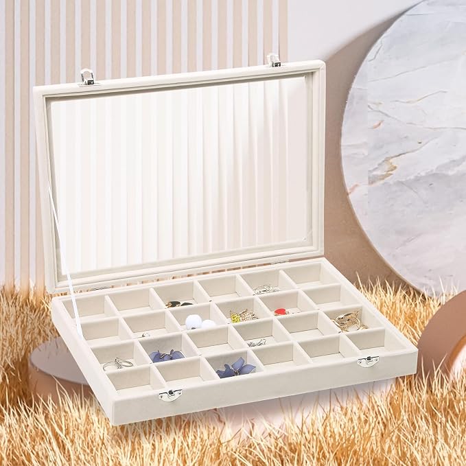 Stratalife Jewelry Organizer Jewelry Tray with See-through Lid 24 Grids Earring Display Showcase Large Velvet Storage Box for Earring Necklace Rings Dice Beige