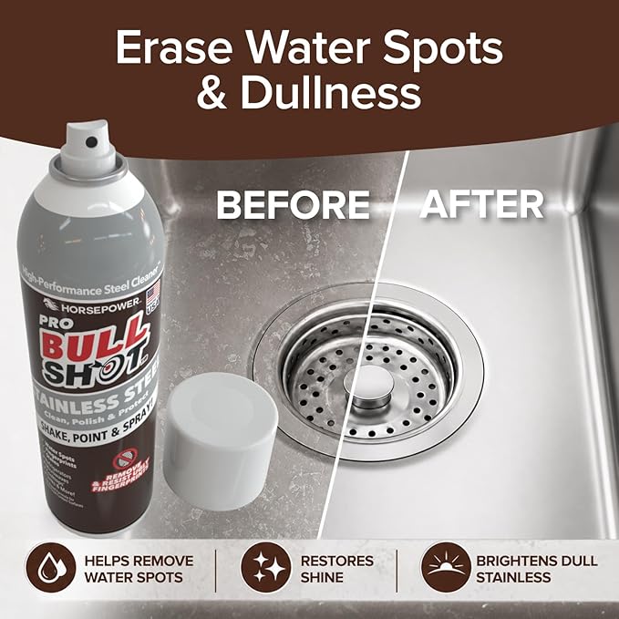 Horsepower Bull Shot Stainless Steel Cleaner Spray, As Seen On TV, Cleans, Polishes & Protects, Removes Greasy Fingerprints & Streaks