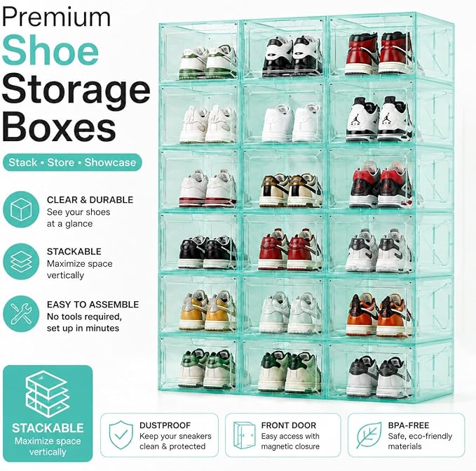 1 Pack Green Stackable Shoe Box for Men’s Sneakers, Magnetic Drop-Front Organizer for Closet or Display, Fits Shoes up to Size 13 – 13.5 x 10.55 x 7.5 In