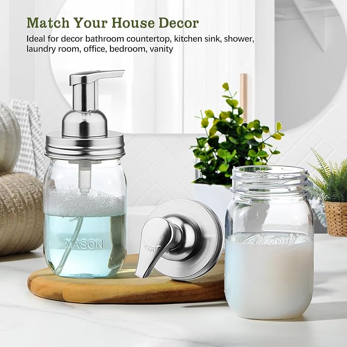 Amolliar Plastic Mason Jar Foaming Soap Dispenser with Pump Lid,16OZ Refillable Hand Soap Dispenser Set with Cute Lables - Farmhouse Decor for Kitchen/Bathroom, Lotion Dish Soap (2 Pack, Silver)
