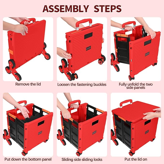 SELORSS Foldable Utility Cart Collapsible Crate Rolling Carts with Stair Climbing Wheels Rolling Tote Basket Teacher Cart with Lid Wear-Resistant 360°Rotate Wheel Noiseless for Shopping Grocery Office
