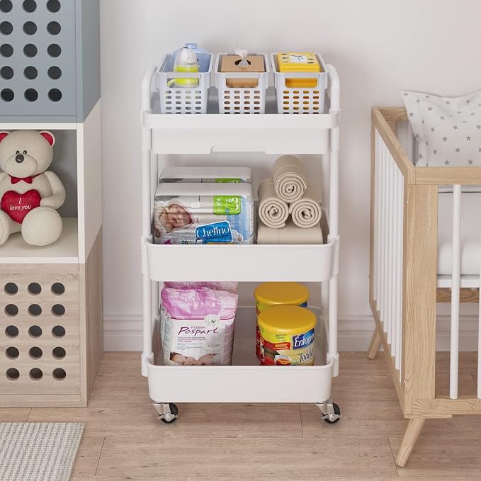 Calmootey 3-Tier Rolling Utility Cart with Drawer,Multifunctional Storage Organizer with Plastic Shelf & Metal Wheels,Storage Cart for Kitchen,Bathroom,Living Room,Office,White | Space-Saving Organizer, Sturdy Plastic Shelves, Smooth-Rolling Metal Whee...