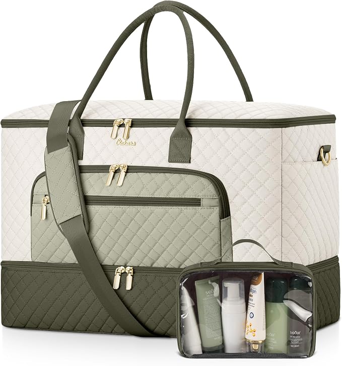 Travel Duffle Bag, Wide Open Large Weekender Bag for Women with Shoe Compartment, Carry on Overnight Bags with Toiletry Bag, Hospital Bag for Women Labor Delivery (Beige Green)