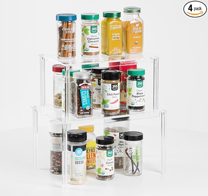 Clear Acrylic Shelf Organizer Set of 4 - Stackable Cabinet & Countertop risers for Kitchen, Pantry, Bathroom & Vanity Storage - Minimal, Space-Saving Design