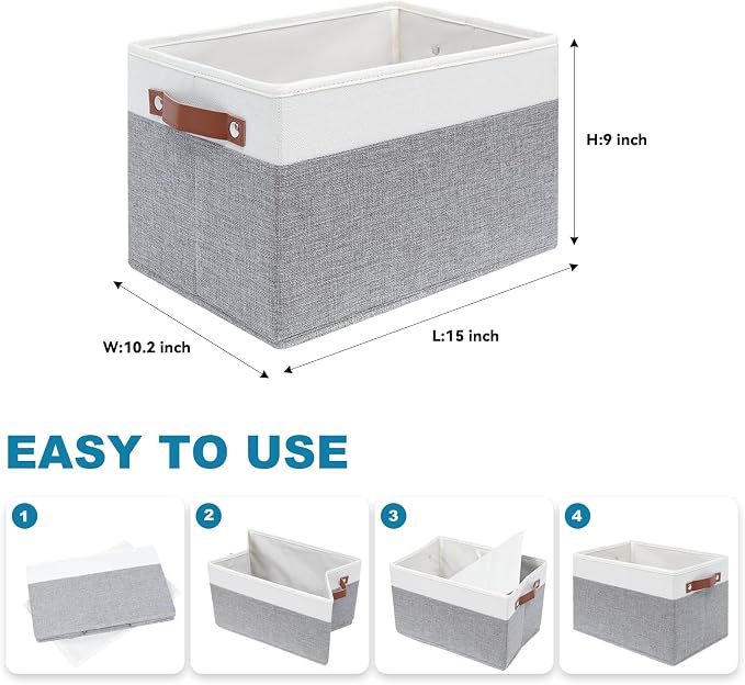 6 Pack Fabric Storage Baskets with Handles (White with Grey,15" L*10.2" W*9" H)