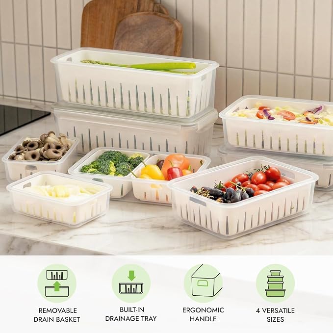 carrotez 11.4 Cup Produce Saver Container for Fridge with Colander 2.7L | Airtight Fruit & Vegetable Storage Bin, Removable Strainer Basket, BPA-Free, Stackable, White Colander