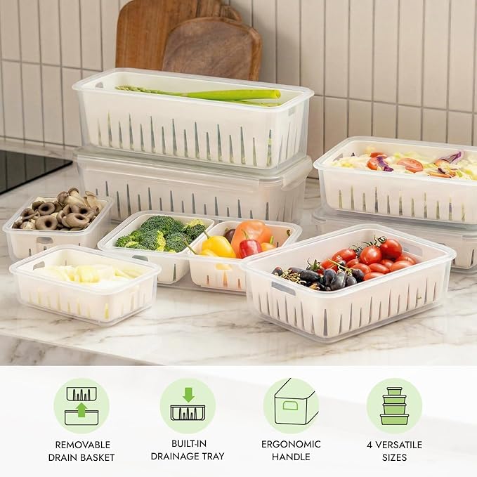 carrotez 8.5 Cup Produce Saver Container for Fridge with Colander - 2.0L | Airtight Fruit & Vegetable Storage Bin, Removable Strainer Basket, BPA-Free, Stackable, White Colander