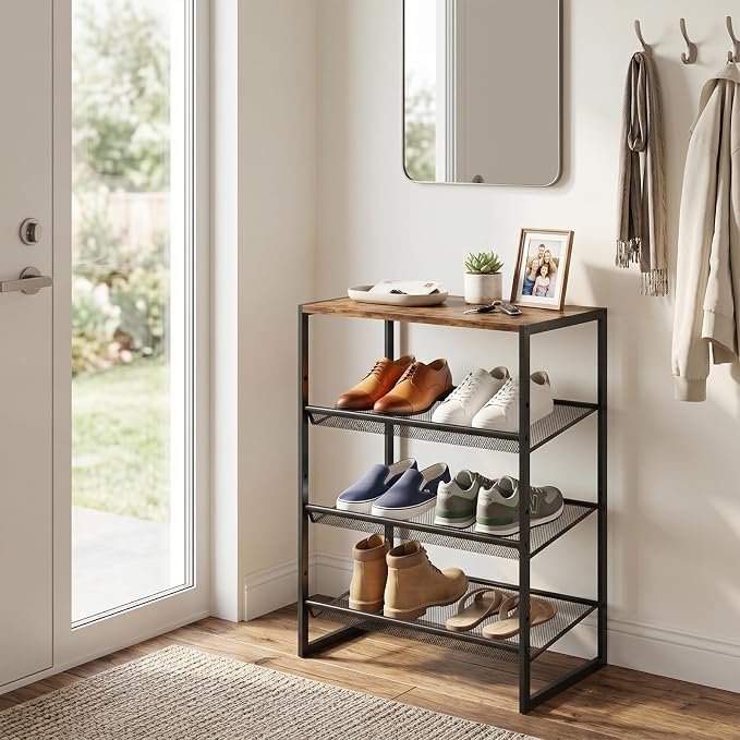Shoe Rack for Entryway,4 Tier Shoe Shelf，Sturdy Shoe Storage Organizer,Boot Rack with a Fine Mesh Shelves，for Living Room, Hallway，Small Space,11.8 x 16.5 x 27.9 Inches,Brown