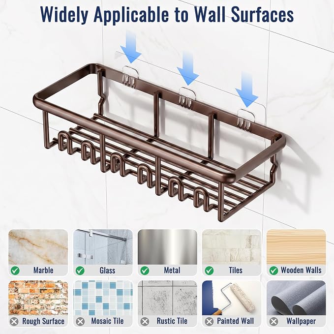 8 Pack Adhesive Rustproof Shower Caddy with Soap Dishes, Toothbrush Holder & Hooks, Large Capacity No-Drilling Shower Shelves Rack for Bathroom Organizers and Storage Accessories, Brown