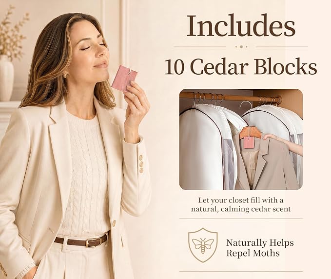 41" Cotton Garment Bags for Hanging Clothes, 2 Pack Breathable Suit Bags for Closet Storage, 10" Wide Gusseted & Clear Window, for Suits, Short Dresses, Sweaters, with Cedar Blocks