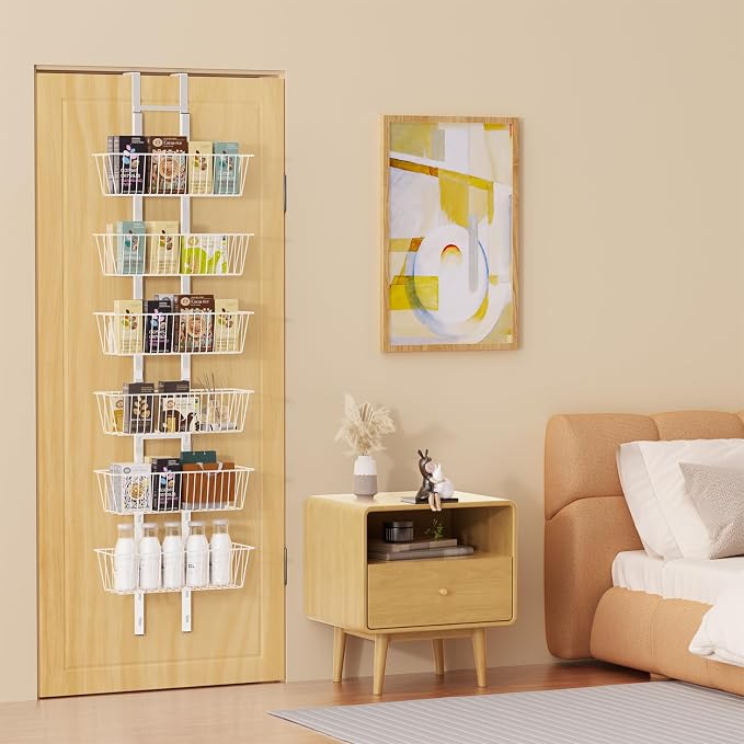 6 Tier Over the Door Pantry Organizer, Over the Door Spice Rack with Adjustable Baskets, Metal Hanging Door Pantry Organizers and Storage for Kitchen Bathroom Bedroom, White