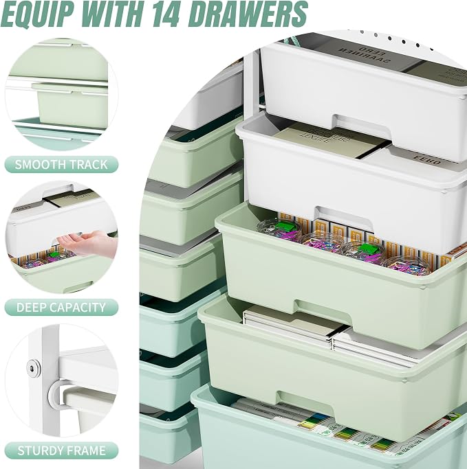 Rolling Storage Cart with 14 Drawers, Storage Organizer Cart with Tabletop and Pegboard,Utility Cart for Living Room, Classroom, Bedroom,Bathroom,Dorm,Office (Green)