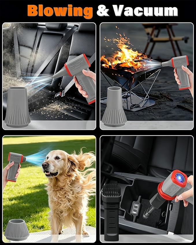 FT08 Compressed Air Duster, 1-10 Stepless Speed Adjustable | Powerful Electric Dust Blower with Display , 130000RPM Brushless Motor, Jet Fan for Keyboard PC Car Outdoor, Gray, 2-in-1