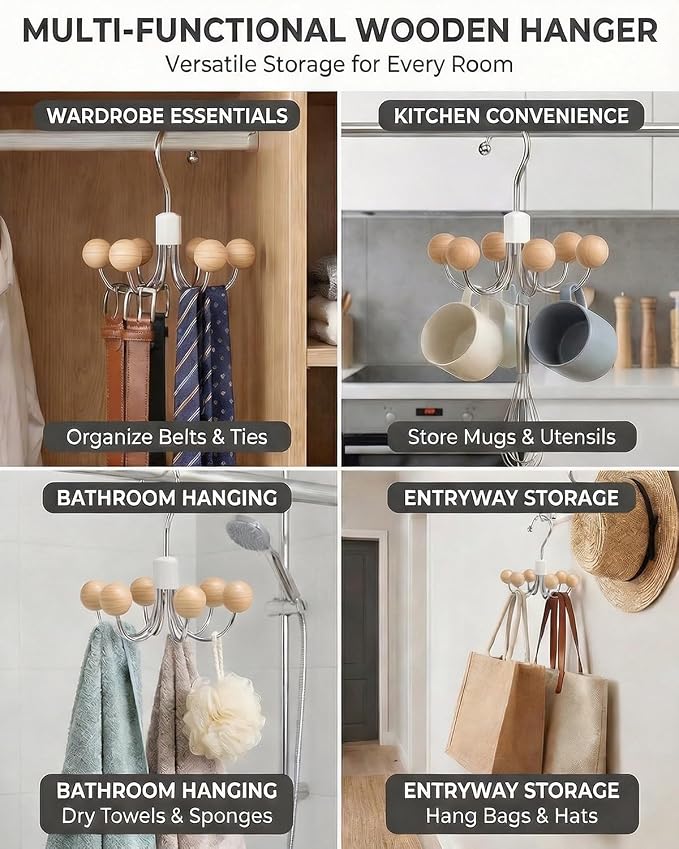 4 Pack Hoodie Hangers 360° Swivel Hooks with Wood Balls, Natural Wood | Hanging Closet Hat Purse Tanktop Handbag Necklace Organizer Bra Hanger and Storage Save Space