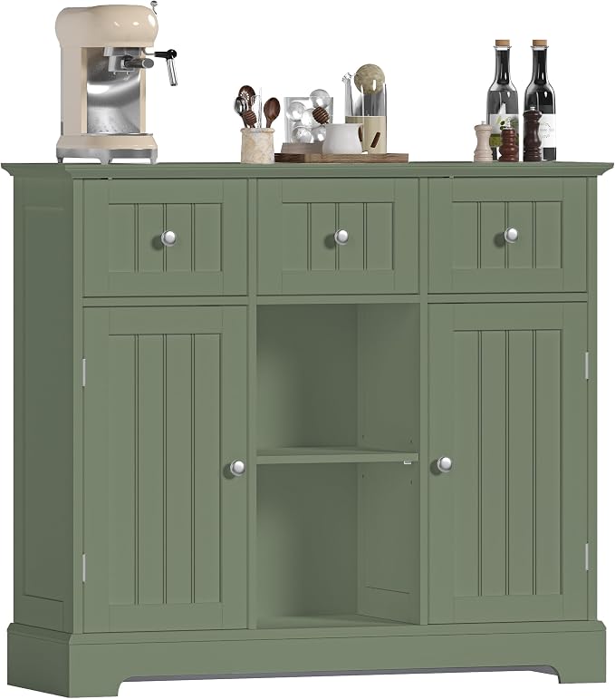 ChooChoo 35.4" Coffee Bar Cabinet with 3 Drawers and 2 Doors, Green | Buffet Cabinet with Adjustable Shelves, Storage Cabinet for Compact Kitchens, Dining rooms and Living rooms