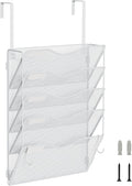 BOHDK Wall File Organizer, Hanging File Folder Organizer, Vertical Mesh Metal Door/Wall Mount Hanging File Holder. Paper Document Magazine Rack with Hooks for Home Office Black (5 Pockets White)