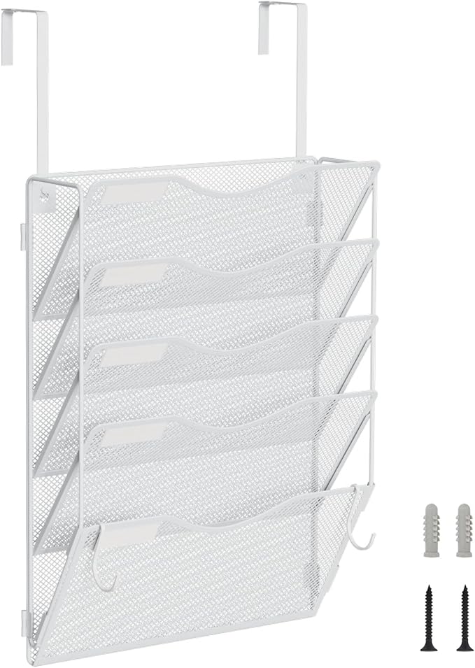 BOHDK Wall File Organizer, Hanging File Folder Organizer, Vertical Mesh Metal Door/Wall Mount Hanging File Holder. Paper Document Magazine Rack with Hooks for Home Office Black (5 Pockets White)