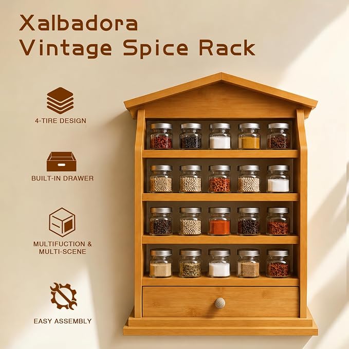 Natural Wood Spice Rack Wall Mount – 4-Tier Wooden Kitchen Organizer with Drawer, Holds 24 Small Spice Jars, Decorative Wall Display Shelf