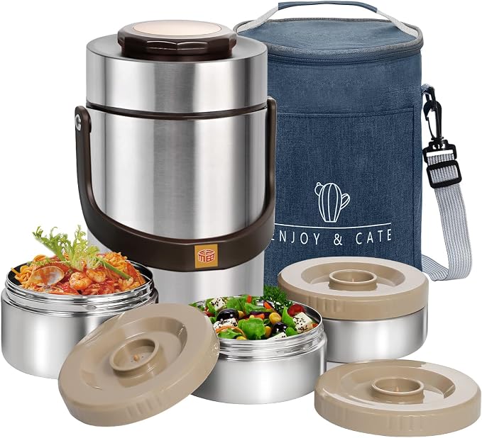Pawovdeq 67 oz Adults Stainless Steel Vacuum Insulated Wide Mouth Soup Food Thermo Hot Food Jar with Keep Thermal Portable 3 Tier Stackable Bento Hot Food Containers Lunch Boxes (67 oz Silver)