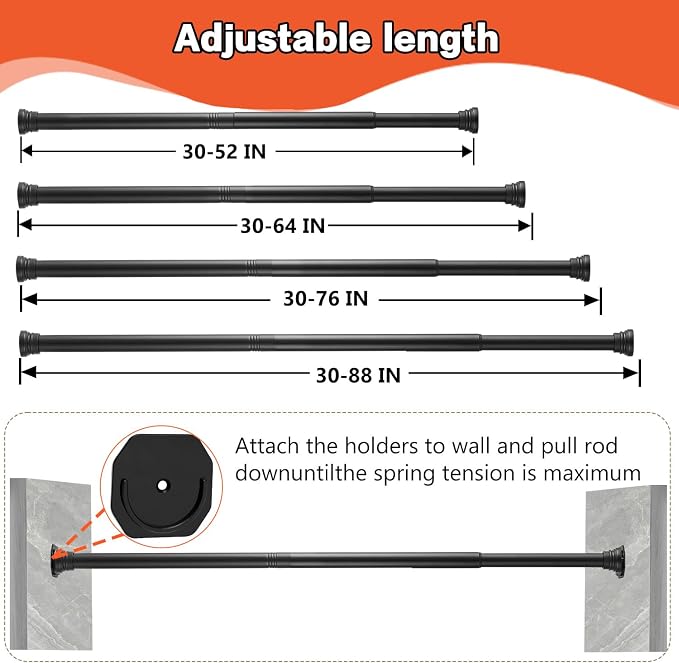 No Drilling Closet Rods for Hanging Clothes, Adjustable 30-88 in | Black, Metal, Heavy Duty, Space Saving, Suitable for Wardrobes, Laundry, RV