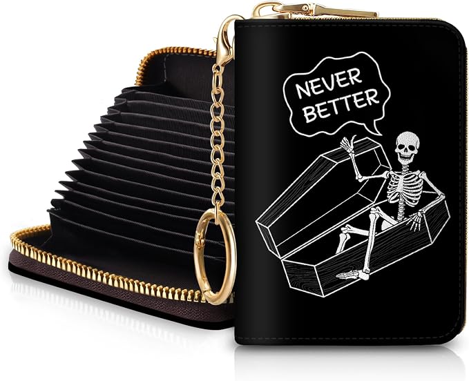 Blusabaca RFID Credit Card Holder Small Women Travel Wallet, Funny Skull | Removable Keychain, Case with Zipper, Vegan PU Leather, Cash Coin Pocket, Business Accordion Purse, Ladies Female Gift