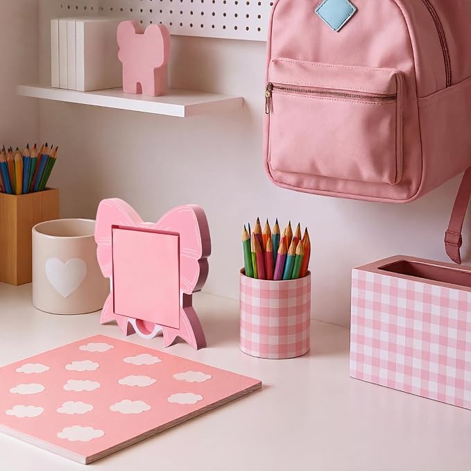 Pink Bow Sticky Note Holder Large Wood Notepad Dispenser 3 x 3 Sticky Notes Organizer Cute Self Stick Memo Pad Holder for Desk Office Back to School Gift, No Pads Included
