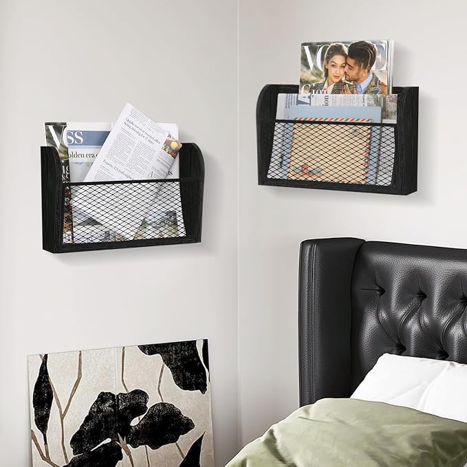 YINMIT 2 Packs Wall File Organizer, Single Pocket Wall File Holder | Wood Hanging File Organizer, Mail Holder for Wall, Wall Mount Paper Folder Rack for Office and Home, Black