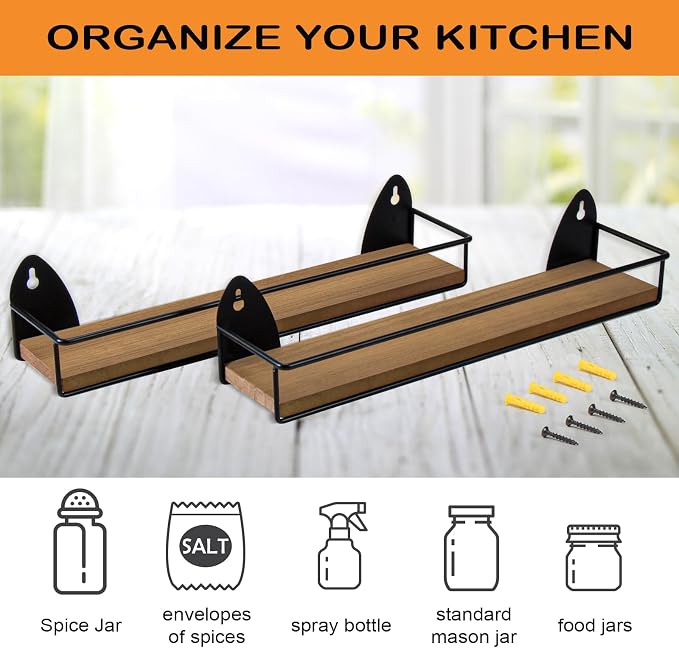 TJ.MOREE 2 Pack Spice Rack Wall Mount Rustic Style Hanging Spice Organizer for Wall, Kitchen Spice Storage,Black